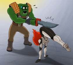 aeldari afraid banshee_(warhammer_40k) between_buttocks caught comedy female fighting flirting guardsman_(warhammer_40k) hand_stand howling_banshee male no_sex orc ork red_hair shocked shocked_expression shocked_male spacemaxmarine sweatdrop sword warhammer_(franchise) warhammer_40k