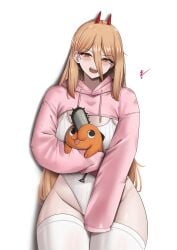 absurdres animal blonde_hair blush breasts canine chainsaw chainsaw_man commentary cowboy_shot cross-shaped_pupils demon_girl demon_horns double-parted_bangs english_commentary female hair_between_eyes highres holding holding_animal holding_dog hood hood_down hooded_shrug horns leotard long_hair long_hair_between_eyes long_sleeves looking_at_viewer no_pants open_mouth pink_shrug pochita_(chainsaw_man) power_(chainsaw_man) red_horns ribbed_leotard sharp_teeth shrug_(clothing) simple_background sleeves_past_fingers sleeves_past_wrists solo_focus symbol-shaped_pupils teeth thick_thighs thighhighs thighs white_leotard white_thighhighs yellow_eyes yukaraishin
