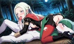 69 69_position ai_generated blowjob breasts breasts_out cape clothed crossover edelgard_von_hresvelg fellatio female fire_emblem fire_emblem:_three_houses gallade garreg_mach_monastery_uniform gloves hair_ribbon licking_pussy long_hair long_sleeves pantyhose pokemon pokemon_(species) purple_eyes pussy pussy_juice red_cape ribbon torn_clothes uniform white_hair
