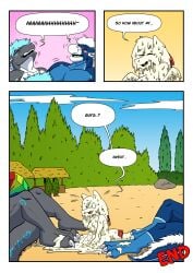 2021 absurd_res afterglow anthro beach blue_body blue_chest_hair blue_hair blue_inner_ear blush bodily_fluids bukkake canid canine canis chest_tuft comic cum cum_covered cum_on_feet cum_pool dialogue dragon english_text feet genital_fluids grey_body group gynomorph hair harry_amorós hi_res intersex male mammal mane messy moan multicolored_body mythological_creature mythological_scalie mythology parasol plant relieved rock sand sarafe sarafe_(character) scalie shrub speech_bubble tall_male text tree trio tuft unconcious white_hair white_inner_ear white_mane white_mouth white_torso wolf worried