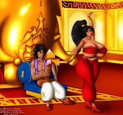 aladdin aladdin_(character) big_penis bimbo canon_couple dancing disney disney_princess enormous_penis evil_queen_jasmine high_heels huge_cock hyper_hourglass jafar_harem_outfit jerkingoff princess_jasmine schinkn teasing