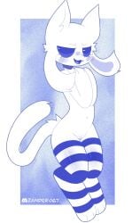 4_ears anthro bedroom_eyes blue_clothing blue_inner_ear blue_legwear blue_thigh_highs blush clothing clyde_(discord) discord_(app) domestic_cat felid feline felis female fur genitals hand_on_chest hi_res humanoid_genitalia legwear mammal mostly_nude multi_ear narrowed_eyes navel open_mouth seductive standing thigh_blush thigh_highs vulva white_body white_fur zander067