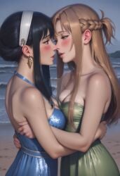 2girls ai_generated alternate_costume back bare_arms bare_back bare_shoulders beach black_hair blue_dress blush bopitphy braid breast_press breasts brown_eyes brown_hair cleavage collarbone couple crossover deviantart_link deviantart_logo deviantart_username dress duo earrings eye_contact female/female female_only green_dress half-closed_eyes half_updo hugging imminent_kiss jewelry light_brown_hair lips lipstick long_dress long_hair looking_at_another love makeup medium_breasts multiple_females multiple_girls mutual_yuri neck night night_sky ocean open-back_dress open_mouth outdoors pink_lipstick red_eyes romantic romantic_couple sand sidelocks sky sleeveless sleeveless_dress smile spy_x_family straight_hair strapless strapless_dress sword_art_online symmetrical_docking tied_hair water waves web_address yor_briar yuri yuuki_asuna