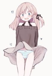 1boy bare_shoulders blush bulge crossdressing embarrassed femboy flashing gust_of_wind hair_ribbon long_sleeve_sweater male original_character otoko_no_ko panties pink_hair shirokuro_anpan striped_panties surprised sweatdrop trap upskirt