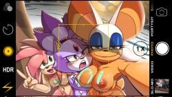amy_rose anthro areola bat beach big_areola big_breasts big_nipples blaze_the_cat blush blush_lines body_writing breasts covering covering_self dominant dominant_female embarrassed eulipotyphlan felid feline female female/female genitals group hedgehog hi_res humiliation looking_at_another looking_at_viewer male mammal nipples nude penis phone_screen pose pubes rouge_the_bat sega selfie shadow_the_hedgehog shumpy small_breasts smile smug smug_face sonic_(series) sonic_the_hedgehog_(series) trio