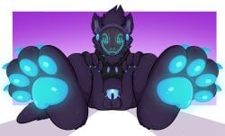 absurd_res alley_the_toaster anthro balls blue_chastity_cage blue_claws blue_pawpads bottomless chastity_cage chastity_device claws clothed clothing feet fibo_paws foot_fetish genitals hi_res hoodie machine male male_focus male_only nonbinary_(lore) pawpads paws penis protogen sitting solo tail topwear visor