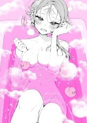 2022 absurdres bath bathing blush breasts chihaya_senri collarbone completely_nude facial_mark female forehead_mark greyscale_with_colored_background heart highres koi_to_senrigan_to_aonisai navel nude open_mouth ouchi_kaeru pink_theme rubber_duck solo speech_bubble steam translation_request wet