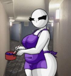 1girls apron apron_only bald bald_female black_eyes breasts chetoh chubby chubby_female claire_(chetoh) cooking egg female female_focus female_only holding_object looking_at_viewer naked_apron oc original original_character photo_background pot sludge smile smiling smiling_at_viewer white_body