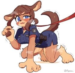 2026 all_fours anthro appoco blue_clothing blue_eyes blue_uniform blush blush_lines bodily_fluids breasts brown_body brown_fur brown_hair brown_pawpads brown_tail canid canine canis claws clothing collar colored digital_drawing_(artwork) digital_media_(artwork) domestic_dog female floppy_ears fur genital_fluids hair hi_res leash leashed_collar long_hair looking_at_viewer mammal musk musk_cloud omorashi open_mouth pawpads paws peeing police police_officer police_uniform pollie_(appoco) raised_tail shaking signature simple_background snout solo sweat tail tan_body tan_inner_ear tears tool_belt uniform urine urine_on_ground urine_on_leg urine_pool watersports wetting white_background