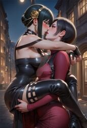 2girls ada_wong ai_generated black_dress black_hair blush bopitphy breast_press breasts brown_eyes capcom carrying chinese_female couple crossover dress duo earrings eye_contact eyeshadow female/female female_only half-closed_eyes hugging imminent_kiss jewelry kissing lips lipstick long_hair love makeup medium_breasts multiple_females multiple_girls mutual_yuri night night_sky purple_eyeshadow red_dress red_eyes red_lipstick resident_evil resident_evil_4 romantic romantic_couple short_dress short_hair sky spy_x_family symmetrical_docking yor_briar yuri