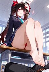 1girls ai_generated barefoot evil evil_smile footjob_over_clothes honkai:_star_rail school_uniform sitting_on_table sparkle_(honkai:_star_rail)