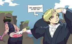 1boy 1girls angry ass ass_focus back_view battle big_butt burn_scar embarrassed female female_focus fight fighting green_hair humiliation jujutsu_kaisen kimono male muscular_arms muscular_female naoya_hair_flip panties pants scar sikathehornyboy tagme wedgie white_panties yellow_eyes zenin_maki zenin_naoya