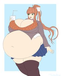 1girls bbw big_belly big_breasts brown_hair bursting_breasts chubby cleavage doki_doki_literature_club female green_hair huge_belly huge_breasts hyper hyper_belly large_belly long_hair miniskirt monika_(doki_doki_literature_club) navel obese ponytail ribbon school_uniform signature skirt solo solo_female stockings thick_thighs thickerwasp tight_clothing