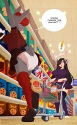 bovine bunny cereal cookies detailed_background diaper diaper_fetish duo english_text exclamation_point grabbing_own_ass grocery_store holding_diaper merunyaa presenting_diaper purple_clothing red_clothing shopping_cart suprised