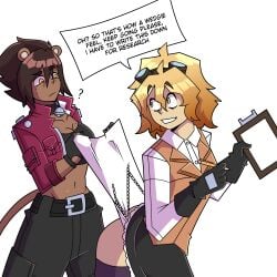 2girls ass belly belt blonde_hair blue_eyes breasts brown_hair choker confused dark_skin female female_focus female_only freckles freckles_on_breasts freckles_on_face googles humiliation jacket lion_ears lioness original_character panties pants panty_pull pantyhose red_clothing scientist shiba_(sikathehornyboy) sikathehornyboy skirt skirt_lift tagme tagme_(character) tomboy underwear wedgie white_skin yellow_eyes