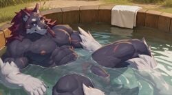 abs anthro arcane_shop barazoku bathing big_muscles big_pecs black_claws blue_eyes canid canine canis casual_nudity claws day flaccid foreskin gahel_(arcane_shop) genitals hi_res humanoid_genitalia humanoid_penis male mammal muscular muscular_arms navel nipples nude outside pecs penis pink_nipples relaxed_expression relaxing ronci scar scars_all_over solo spread_legs spreading towel vein veiny_arms veiny_muscles veiny_penis veiny_thighs water wolf wood_bath