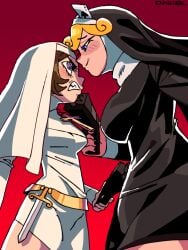 big_breasts black_dress black_eyes black_nails blonde_hair blue_eyes blush blush_lines boob_bulge breasts brown_hair christian_cross christianity cleavage color_background crunches curly_hair curly_hair_female curvy_females ennuikalart knife light-skinned_female light_skin lighting meranda_esquire_(ennuikal) metal_belt nun nun_hat nun_outfit nuns_a_blazing ocs one_color_background original original_characters poker_cards red_background ring_eyes scowl scowling short_skirt simple_background simple_coloring simple_eyes simple_shading slim_waist smug_grin thick_thighs white_dress wide_hips yellow_hair