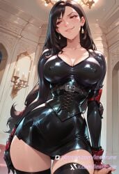 1boy ai_generated anime black_corset black_gloves black_hair black_thigh_highs caressing female gloves illustration large_breasts latex lewdrune long_hair on_top red_eyes smirk sweat thighhighs tifa_lockhart