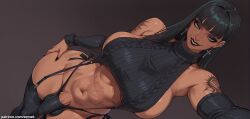 ai_generated arm_tattoo black_hair black_lips black_nails black_panties black_sweater black_thighhighs breasts cable_knit cross cross_earrings dark-skinned_female dark_skin detached_sleeves earrings eyeshadow female futanari garter_straps goth_fashion green_eyes hand_on_own_hip jewelry large_breasts long_hair looking_at_viewer makeup meme_attire muscular_female navel panties penis piercing ribbed_sleeves ribbed_sweater ribbed_thighhighs semekart sideboob simple_background sleeveless_sweater smile solo sweater tattoo thighhighs turtleneck_sweater underwear virgin_destroyer_sweater