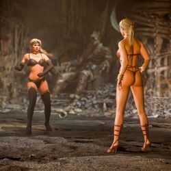 2girls 3d back_view bikini blonde_hair cassie_cage female female_only full_body latentspc mortal_kombat mother_and_daughter solo sonya_blade thong_bikini