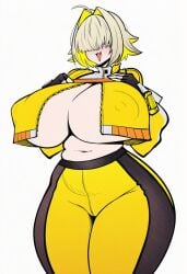 1girls ahoge ai_generated antenna_hair antennae antennae_(anatomy) belly belly_button blonde_female blonde_hair child_bearing_hips elegg_(nikke) eyebrows_visible_through_hair fangs female female_only gloved_hands gloves goddess_of_victory:_nikke hands_on_breasts jacket mayuai multicolored_hair nipple_bulge oerba_yun_fang open_jacket open_topwear pudgy_belly purple_eyes short_hair solo_female sports_uniform sportswear tagme thick_thighs thighs tummy white_background wide_hips wide_thighs yellow_clothes yellow_clothing yellow_hair