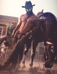 1boy call_of_duty cigarette cowboy ghost_(modern_warfare_2) half_naked horse male male_only mask masked_male penis_exposed shirtless simon_riley smoke solo solo_male visible_penis