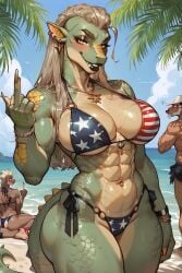 1boy 2female 2girls abs ai ai-created ai_art ai_generated ai_generated_background american american_flag_bikini animal_humanoid anthro anthro_female anthro_only beach big_ass big_breasts big_muscles black_lipstick blonde_hair blush breasts dragon dragon_girl earrings furry furry_female furry_only green_scales green_skin hot jewelry light_yellow_skin lizard lizard_girl lizard_humanoid looking_at_viewer middle_finger muscular muscular_arms muscular_female new_style original palm_tree piercing pointy_ears reptile_tail sea sevalgold sexy strong_female summer tail yellow_eyes yellow_scales