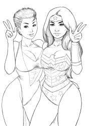 2girls avengers big_breasts black_and_white breasts cleavage cleavage_overflow dc dc_comics diana_of_themyscira diana_prince female female_only groin hawkgirl_(artist) iron_man:_the_animated_series justice_league large_breasts leotard long_hair looking_at_viewer marvel marvel_comics monochrome overflowing_breasts peace_sign scarlet_witch short_hair wanda_maximoff wonder_woman wonder_woman_(series)