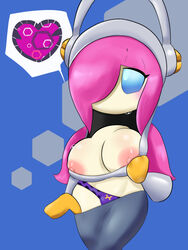 1girls areolae big_areola big_breasts blue_background blue_eyes blush blushing breasts breasts_out breasts_outside clothing dizzytizzy heart helmet horny horny_female kirby_(series) kirby_star_allies light-skinned_female light_skin mouthless mouthless_female nintendo no_mouth panties pink_hair susanna_patrya_haltmann susie_(kirby) sweat sweating text_bubble thick undressing undressing_self