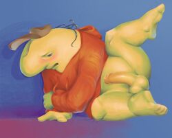 1boy 2d 2d_(artwork) adult_swim big_penis blush charlie_(smiling_friends) charlie_dompler exposed exposed_penis fat half-dressed hazziybs male male_focus male_only overweight penis smiling_friends sweater yellow_body