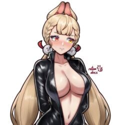 alice_thymefield animal_ears arms_behind_back artist_name big_breasts black_jacket blush breasts cleavage commentary commission embarrassed english_commentary facing_viewer female heterochromia highres inner_sideboob jacket ko-fi_commission large_breasts leather leather_jacket long_hair looking_to_the_side rabbit_ears rabbit_girl red_eyes rotomdocs signature solo twintails very_long_hair white_background yellow_eyes zenless_zone_zero