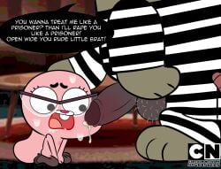anais_watterson anthro balls bodily_fluids body_hair cartoon_network clothing cum digital_media_(artwork) duo english_text erection eyewear female footwear frankie_watterson fur genital_fluids genitals glasses grandchild_(lore) grandfather_(lore) grandparent_(lore) hairy_balls high_heels imminent_rape imminent_sex incest_(lore) lagomorph legwear leporid lips lipstick makeup male male/female mammal murid murine nipples nude open_mouth overweight overweight_male penis pink_body pink_fur prison_uniform prisoner pubes rabbit rat red_lips rodent shoes simple_background stockings sweat tail text the_amazing_world_of_gumball vwhiskers young young_anthro