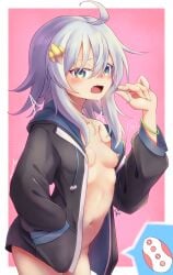absurdres ahoge aqua_eyes black_jacket border breasts commentary_request controller dragon_musume_ni_naritakunai! duel_masters female grey_hair hair_ornament highres jacket kanimiso_(juutilainen77) kumada_suzu lactation long_hair navel nipples oerba_yun_fang open_clothes open_jacket open_mouth outside_border playing_with_hair remote_control remote_control_vibrator sex_toy signature small_breasts solo spoken_object vibrator white_border wireless_sex_toy_controller