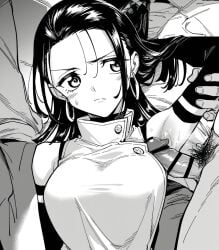 1girls ai_generated annoyed_expression armpits blue_eyes breasts cock dark earrings female hair jujutsu_kaisen jujutsu_kaisen_modulo multiple_males yuka_okkotsu