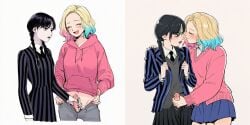 2futas 2girls ai_generated black_hair blonde_hair clothed_sex clothing cock dickgirl enid_sinclair female futa_on_female futa_on_futa futa_only futanari handjob happy makeup open_mouth penis precum precum_drip small_penis wednesday_(netflix) wednesday_addams white_background
