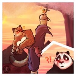 1:1 anthro bear belly blush bodily_fluids bottomwear clothing dreamworks duo eye_contact felid fur genital_fluids genitals giant_panda hand_holding heart_symbol hearts_around_body hi_res interlocked_fingers jaskeywolf kung_fu_panda looking_at_another male male/male mammal markings master_po_ping master_shifu multicolored_body multicolored_fur muscular muscular_anthro muscular_male open_mouth open_smile overweight overweight_anthro overweight_male pantherine pecs penis precum shorts smile snow_leopard spots spotted_body spotted_fur tai_lung_(kung_fu_panda) tail