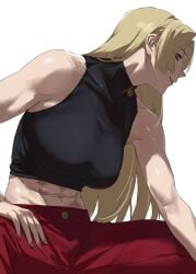1girls abs absurd_res bare_shoulders black_shirt blonde_hair breasts crop_top from_side highres jujutsu_kaisen large_breasts leaning_forward long_hair looking_at_viewer midriff muscular muscular_female navel pants red_eyes red_pants shirt simple_background sleeveless sleeveless_turtleneck solo taiyang_yu toned toned_female turtleneck very_long_hair white_background yuki_tsukumo