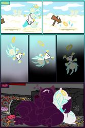 2_toes angel angie_(toni_oni) balls barefoot belly bodily_fluids body_pillow bracelet claws closed_eyes clothing cloud comic comic_panel damon_(toni_oni) demon drooling duo falling feathered_wings feathers feet genitals halo head_tuft head_wings hi_res horn jewelry lava lube_bottle male nude overweight overweight_male penis pillow purple_body saliva sharp_teeth shocked sign signature sky sleeping tail teeth text tissue tissue_box toes toga toni_oni trash_can tuft unusual_wing_placement used_tissue vein veiny_penis white_body wings