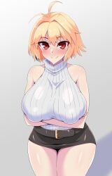 ahoge alternate_breast_size_(larger) alternate_costume arcueid_brunestud belt black_skirt blonde_hair blush breasts commentary_request crossed_arms female hair_intakes highres huge_breasts large_breasts looking_at_viewer miniskirt nipple_bulge red_eyes short_hair sippori skirt sleeveless sleeveless_turtleneck smile solo sweater thick_thighs thighs top_heavy tsukihime turtleneck turtleneck_sweater