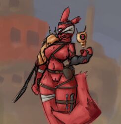 alexleviafan anthro armwear artificer_(rain_world) bag bandage bandage_on_face breasts clothing digital_media_(artwork) elbow_gloves eye_scar eyewear eyewear_on_head facial_scar felid female fur genitals gloves goggles goggles_on_head handwear harpoon harpoon_gun looking_at_viewer mammal melee_weapon nipples nude open_mouth polearm rain_world red_body scar shoulder_guards simple_background slugcat solo spear straps tail torn_ear videocult vulva weapon