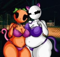 2girls :3 bald bald_female belly belly_button black_eyes breasts cat_ears cat_tail chetoh chubby chubby_female claire_(chetoh) cleavage collar egg female female_focus female_only height_difference leaf leaf_hair lingerie lingerie_only looking_at_viewer mandy_(chetoh) oc orange orange_body original original_character original_characters photo_background pressed_together smile smiling smiling_at_viewer tail white_body