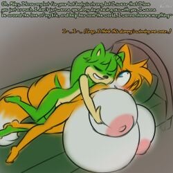 1:1 2_tails after_sex afterglow anthro bed big_breasts blush bodily_fluids breast_grab breasts canid canine cum cum_ballooning cum_inside derrick_haster duo english_text eulipotyphlan fan_character female fox fur furniture genital_fluids green_body hand_on_breast hedgehog huge_breasts inflation male male/female mammal multi_tail nipples norithics nude orange_body orange_fur sega sonic_(series) sonic_the_hedgehog_(series) tail tails text