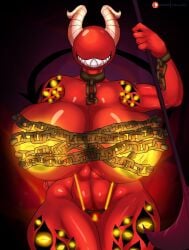 1girls abs big_breasts bikini bikini_bottom breasts chains child_bearing_hips covered_nipples covering_breasts curvy curvy_female curvy_figure demon demon_girl enormous_breasts eva_the_demon_(little_cat) female female_only giant_breasts gigantic_breasts glowing_eyes glowing_nipples horns huge_breasts large_breasts little_cat massive_breasts multiple_eyes muscular muscular_female oc original_character redraw shackles sharp_teeth voluptuous voluptuous_female