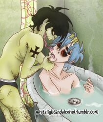 2015 2boys 2d_(gorillaz) bathtub deviantart gorillaz grossed_out licking_face murdoc_niccals underwear_only whitelightandalcohol