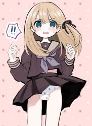 1boy blonde_hair bulge crossdressing cute_panties femboy gust_of_wind hair_ribbon male original_character otoko_no_ko panties_peek school_uniform shirokuro_anpan shocked solo strawberry_panties surprised sweatdrop trap upskirt