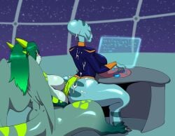 alien_girl ass big_ass big_breasts big_penis blue_skin blush bottomless buttjob chubby_futa clothed_female_nude_futa computer_screen covered_buttjob cum cum_on_ass cum_on_back cum_on_head darkeros13 desk dragon_futa futa_on_female grand_councilwoman green_body horns huge_ass interspecies lilo_and_stitch living_chair living_furniture lotus_(marisfaraway) oblivious older_female original original_character sideboob sitting_on_person tail textless typing unaware_buttjob wings younger_futa