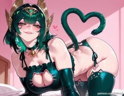 ai_generated balecxi cat_cutout cat_lingerie cat_tail cleavage cleavage_cutout clothing_cutout elbow_gloves female genshin_impact gloves green_eyes green_hair green_thighhighs heart heart_tail large_breasts looking_at_viewer medium_hair meme_attire nefer_(genshin_impact) smile solo underwear