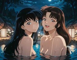 2girls ai_generated arm_at_side arms_at_sides bangs bath bathing black_hair blush breasts brown_eyes brown_hair cleavage closed_mouth cloud collarbone couple dark_brown_hair deviantart duo eyeshadow female/female female_only flower forest friends full_moon guloyu84 hair_between_eyes hair_ribbon half-closed_eyes happy higurashi_kagome inuyasha kagome_higurashi lamp laugh laughing long_hair looking_at_viewer looking_back love low-tied_long_hair makeup medium_breasts miroku1867 moon multiple_girls mutual_yuri nature neck night night_sky nude nude_female onsen open_mouth outdoor_nudity outside parted_bangs partially_submerged red_eyeshadow reflection ribbon rock romantic romantic_couple round_teeth same-sex_bathing sango shared_bathing sideboob sitting sky small_breasts smile star starry_sky straight_hair teeth tied_hair tree upper_body upper_teeth upper_teeth_only water watermark wet wet_body wet_hair white_flower white_ribbon yuri