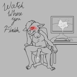1:1 anthro aurelia_(weenpeen) blush bodily_fluids bottomless bottomless_anthro canid canine canis chair clothed clothing covering covering_face cum cum_drip cum_on_object dripping furniture genital_fluids genitals gynomorph hi_res intersex line_art mammal monochrome multiple_piercings office_chair penis piercing sitting solo text weenpeen wolf