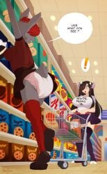 bovine bunny cereal cookies detailed_background diaper diaper_fetish duo english_text exclamation_point grocery_store merunyaa presenting_diaper red_clothing rental_mommy_shirt shopping_cart suprised text_on_clothing